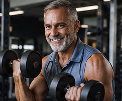 Hombre adulto con mancuernas en un gimnasio · Imagen ilustrativa generada con IA