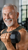 Hombre adulto con una mancuerna en un gimnasio · Imagen ilustrativa generada con IA